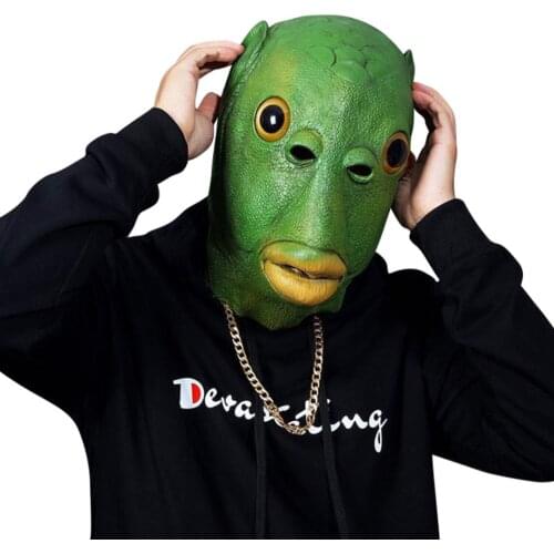 Funny Green Fish Head Masks Carnival Halloween Party Cosplay Costume Tricky Props Kawaii Animal Latex Headgear Accessories Gifts