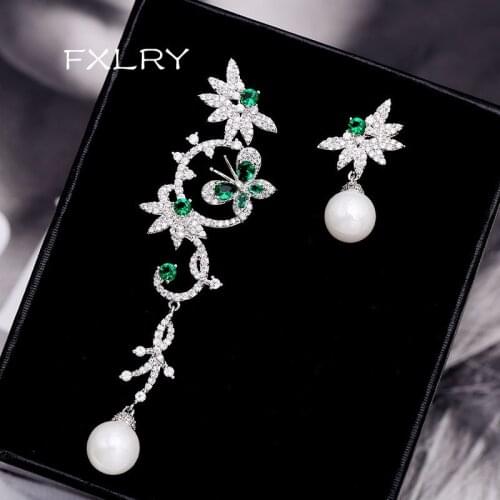 FXLRY New Arrive Romantic Fashion Women White Cubic Zircon Creative Butterfly Flower Long Asymmetrical Earrings For Women