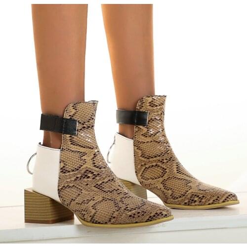 Snake Print Mixed Colors Women Ankle Boots Fashion Zipper Square High Heel Short Boots Ladies Autumn Winter Square Toe Shoes