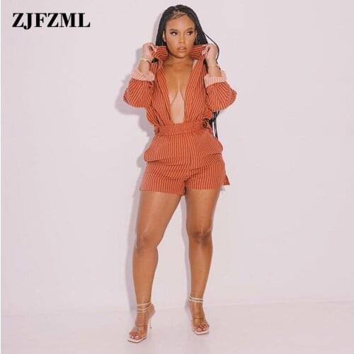 Womens Foraml Outfits Striped Print Turn Down Collar Long Sleeve Blouse Tops and Elastic Hight Shorts Office Lady 2 Pcs Sets