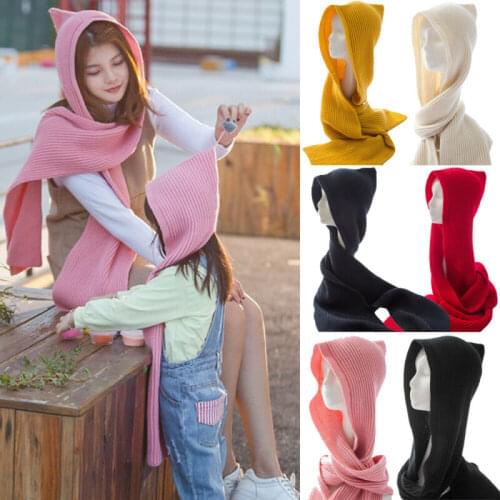 US Women Knitted Hooded Winter Scarf Snood Hoodie Hat Beanie Headscarf Wool Knit Beanie Hat Scarf Set Fleece Warm Snow Ski Cap