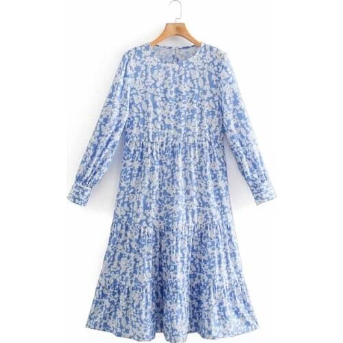 2021 Women Dress Za Fashion High-street Blue Digital Printing Long Sleeves Elastic Midi Loose Dress Chic Mujer Vestidos