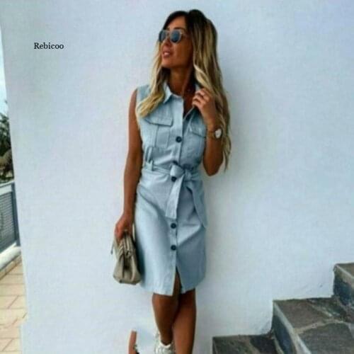 Women Vintage Sashes Front Button Party Dress Sleeveless Turn Down Collar Solid Elegant Casual MIni Dress Summer New Dress