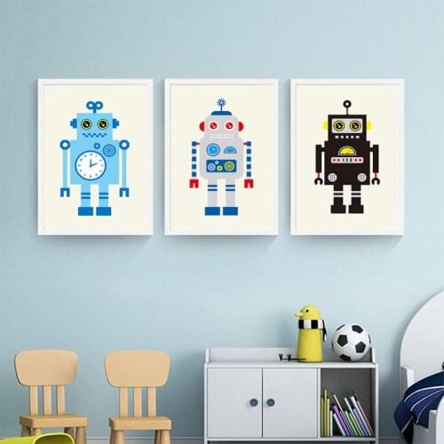 Nordic Abstract Canvas Painting Cartoon Various Lovely Robot Wall Art Posters and Print Picture Modern Nursery Kids Room Decor