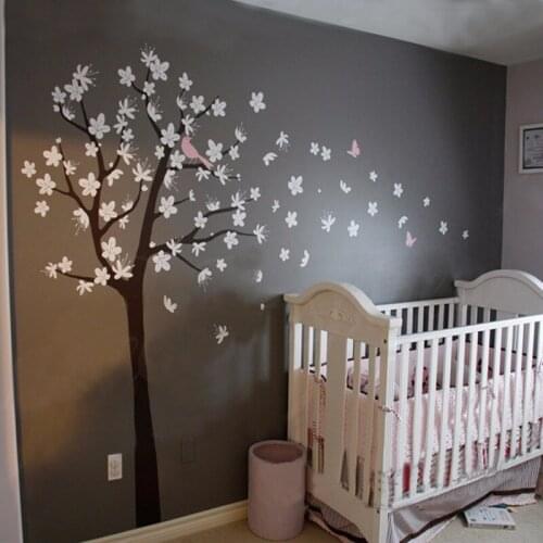 Large Tree with Birds Butterflies Flowers Wall Stickers for Kids Rooms Removable E-co Friendly Vinyl Wall Decal 3d Poster D636C