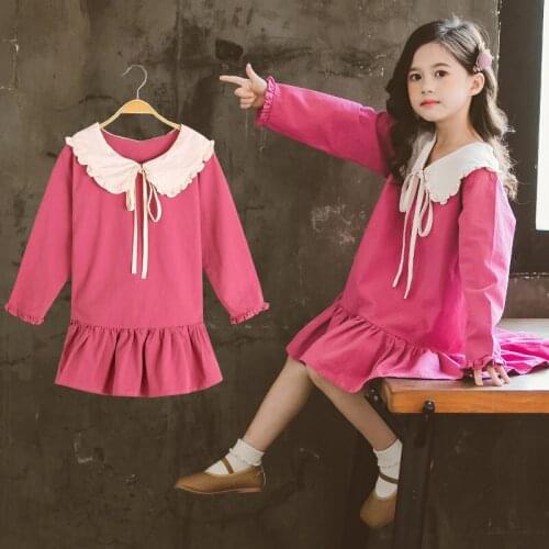 Kids Army Green Hot Pink Peter Pan Collar Dress For Girls Autumn Long Sleeve Bottom Ruffle Dress New Year Teenage Girls Clothing