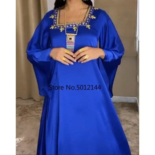 Eid Satin Abaya Dubai Kaftan Muslim Dress Women Abayas Turkey Islam Djelaba Robe Longue Femme Musulman Islam Caftan Dresses Blue