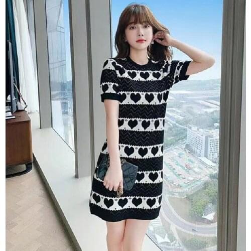 Faishon Summer Dress Women 2021 Korean Style Vintage Elegant Heart Stripe Round Neck Short Sleeve Knit Mini Dress Black D296