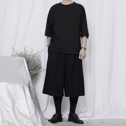 Original new t-shirt male summer Japanese Yamamoto style front short and long slit design loose five-point sleeve t-shirt tide