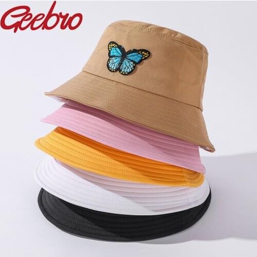 Geebro Women New Fashion Butterfly Embroidered Fisherman Hat Ladies Simple Visor Caps Outdoor Casual Sun Hat Bucket Hats