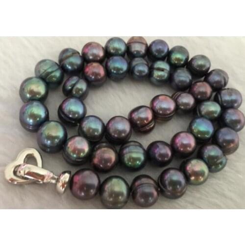 Huge9-10mm south sea baroque black green pearl necklace 18inch 925s