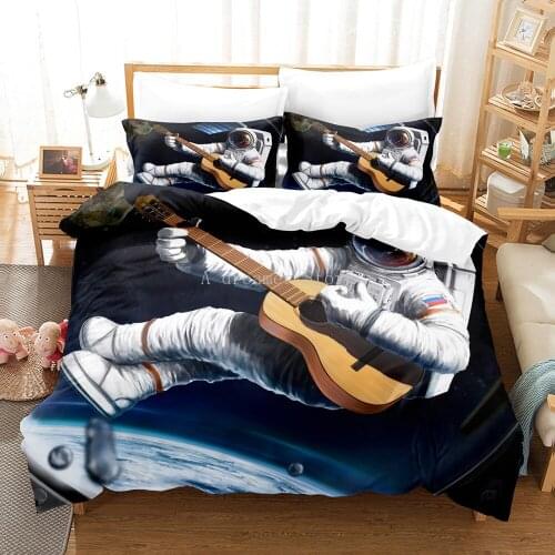 Cartoon Cute Astronaut Planet Printed Bedding Set Galaxy Outer Space Duvet Cover Kids Twin Size Cute Space Shuttle Bedclothes