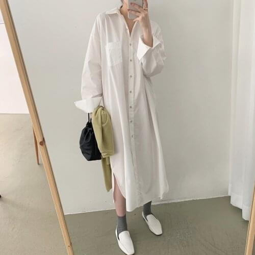 Korean Single-breasted Shirt Dress Casual Wonen Long Sleeve Pockets Loose Long Dress Autumn Solid Color Cotton Female Vestidos