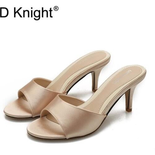 Summer Peep Toe Women Slippers Fashion 4.5/6.5/8.5cm High-Heeled Flip Flops Women Shoes Satin Size 34-43 High Heel Slide Sandals