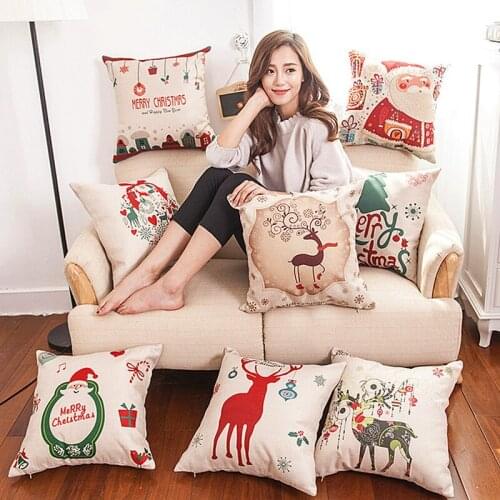INS Nordic Style Linen Pillow living room bedroom soft Waist Pillowcase Christmas Happy New Year Cartoon (Without Pillow core)