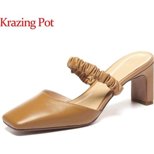 Krazing pot hot genuine leather square toe high heels solid young lady fashion daily wear slip on summer mules sandals women L46