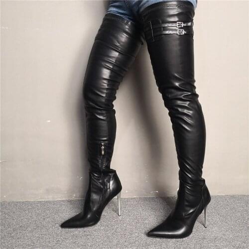 Real Photo Fetish Thigh High Boots Women Extreme Metal High Heels Sexy Stiletto Thin Heel Over-The-Knee Zip Crotch Boots Size 15