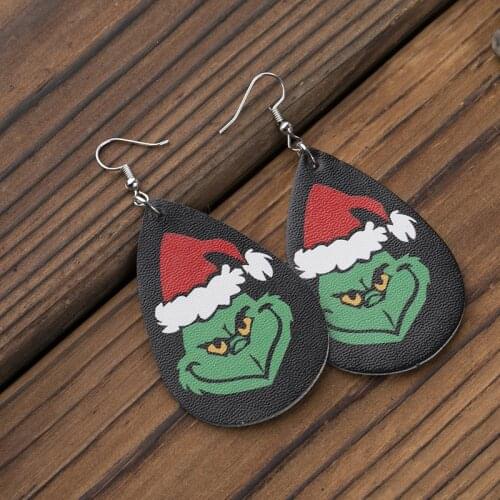 2020 New Simple Believe Christmas Grinch Leather Tears Two-Sided Drop Earrings for Women