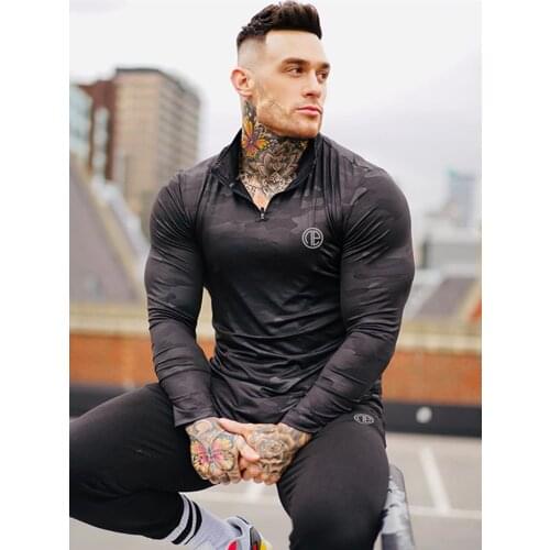 Autumn New Style Sport T Shirts Mens Lapel Camouflage Skinny Sportswear Long Sleeve Gyms Fitness Running Training Clothing