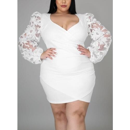 Charming Lace Patchwork Women Plus Size Gown Dress 2021 Autumn Sexy V-neck Lantern Sleeve Bodycon Mini Dresses New Arrivals