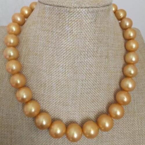 Huge 13-15mm freshwater round gold pearl necklace 18inch 925silver