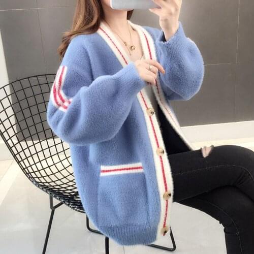 Imitation Mink Velvet Coat Women Thick Warm Sweater Loose Knitted Cardigan Female Jacket V-Neck Single-Breasted Outwear