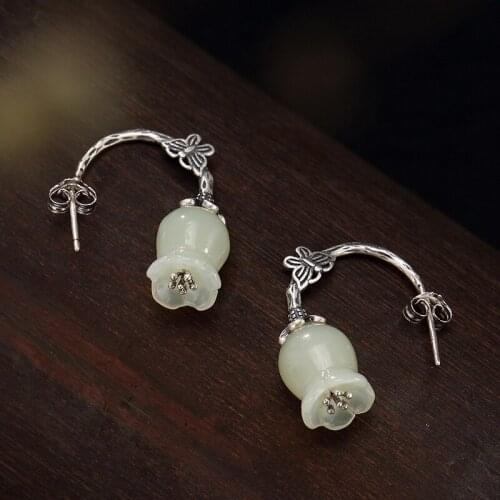 Natural retro mosaic orchid butterfly white jade earrings 925 silver carved charm jadeite jewelry fashion for woman gifts