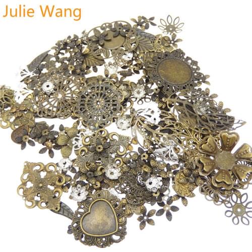 Julie Wang 50g/Pack Vintage Mixed Flower Leaf Antique Color Iron Charms Necklace Pendants Findings Jewelry Making Accessory