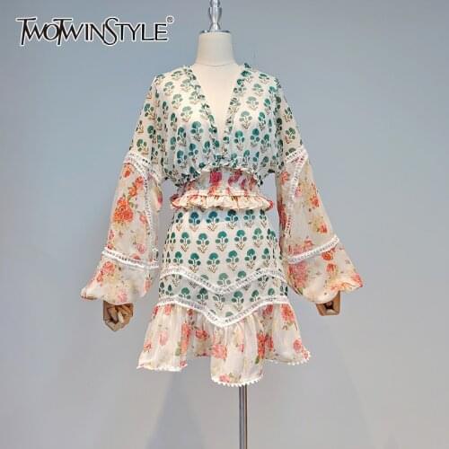 TWOTWINSTYLE Print Vintage Two Piece Set For Women V Neck Lantern Long Sleeve Top High Waist Mini Skirt Casual Sets Female Style