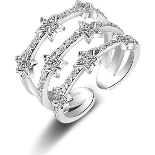 925 Sterling Silver Fashion Star Shiny Zircon Design Adjustable Size Rings for Women Jewelry Christmas Gift Hot Sale Promotion