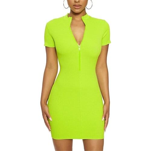 New Women Sexy Solid Color Mock Neck Short Sleeve Ribbed Zip Bodycon Mini Dress