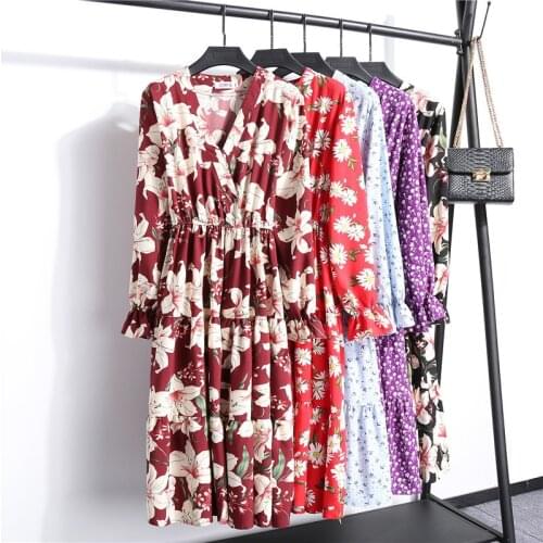 Korean Women Floral Print Dress Office Lady V Neck Spring Autumn Mid-calf Dress Boho Beach Long Sleeve Party Dresses Vestidos
