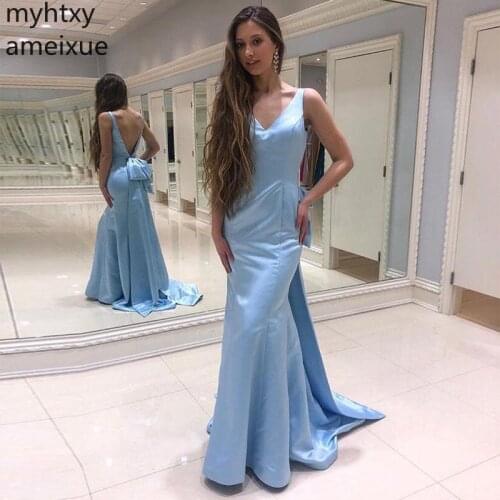 Light Sky Blue V-neck Evening Dress Backless Big Bow Back Mermaid Full Length Women Formal Party Gowns Robe De Soiree Plus Size
