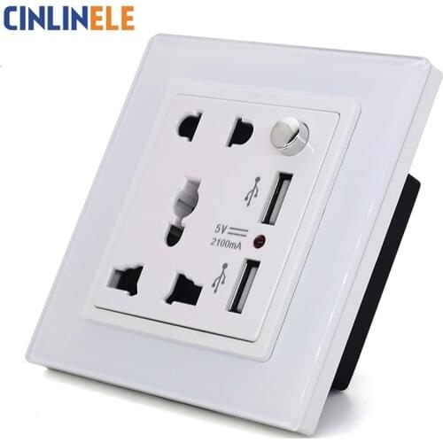 White Glass Panel 10V Universal Socket + 2 USB 5V Same Color As Touch Switch Customizable Siamese Switch & Socket 90-250V
