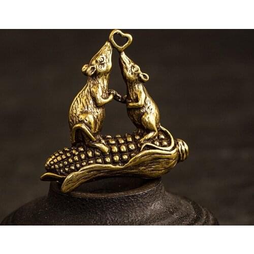 Retro Brass love mice on the corn Handmade creative craft DIY ornament Miniature Keychain ring Pendant m010