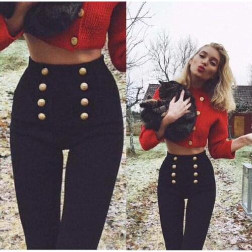 Top Quality Celebrity Black Double Button Beading Rayon Bandage Pants Fashion Bodycon Pant