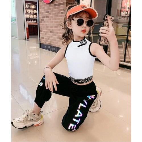 Childrens clothing girl suit summer clothes new childrens luminous pants fashionable vest net red sports two-piece suit cool