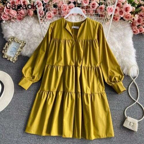 Gagaok Dresses Women 2021 Spring Autumn New V-Neck Folds Vintage Solid Empire Mini Simple Dress Loose Casual Chic Wild Vestidos