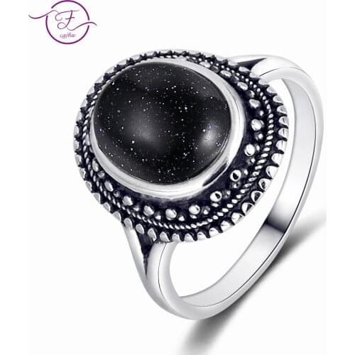 925 Sterling Silver Rings Blue Sandstone Gemstone Rings for Women Wedding Bands Anniversary Gift Fine Jewelry