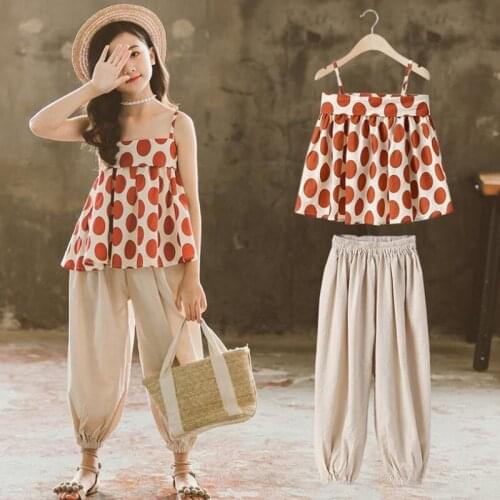 DFXD Summer Clothing Sets Sleeveless Polka Dot Vest Top+Loose Wide Leg Pant Casual Kids Outfits Teenage Girl Clothes For 3-13Yrs