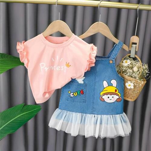 LISUNNY Baby Girls Clothing Sets Summer Toddler Infant Lace Short Sleeve Princess T Shirt Denim Dress Children Kids Clothes