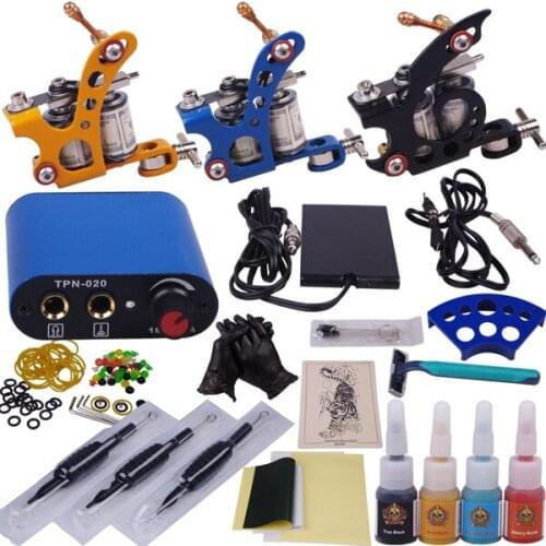 Tattoo Machine Kit Complete 3 Gun Colors Ink Needles Led Power Supply Grip Practice Skin Set for Starter Shading Lining