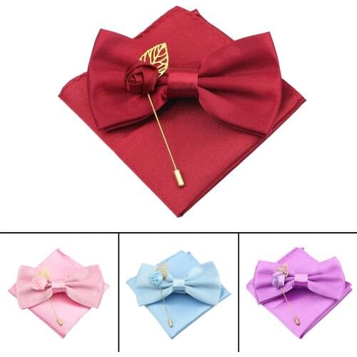New Solid Color Mens Bowtie Handkerchief Brooch Set For Groom Best Man Purple Red Black Blue Wedding Party Ties Pocket Square