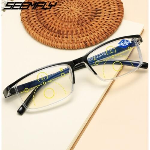 Seemfly Anti Blue Light Progressive Multifocus Reading Glasses Women Men Square Frame Presbyopic Eyeglasses +1.0 1.5 2.0 2.5 4.0