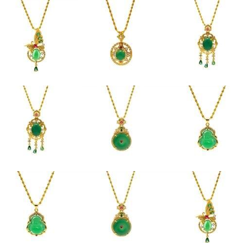 Pure 24K Gold Color Green Natural Stone Necklaces for Women Wedding Jewelry Mens Lucky Pendant Necklace Luxury Choker Wholesale