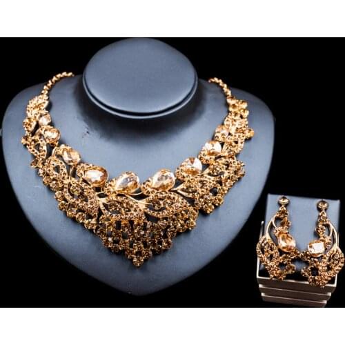 LAN PALACE bijoux femme ensemble gold color glass necklace and earrings for wedding six colors free shipping