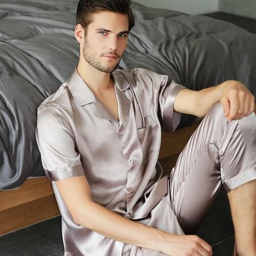 100% Silk Pajamas Men Sexy Pure Natural Real Silk Sleepwear Men Mulberry Silk pyjamas spring Summer Short sleeve Nightwear