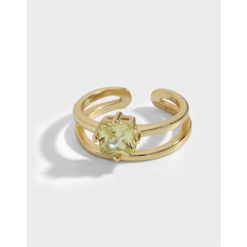 Simple INS Ddesign Square Olive Green Zircon Ring S925 Sterling Silver Joint Ring Double Layer Lines Tail Rings Jewelry