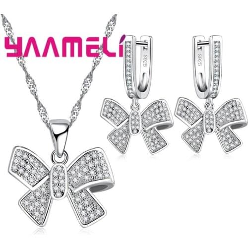 Luxury New Design Jewelry Sets 925 Sterling Silver Crystal Bow Tie Design Pendant Necklace Dangle Earrings Set For Women
