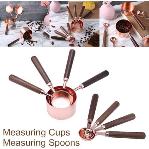 Walnut Handle Measuring Cups + Measuring Spoons Set 8pcs Metal Kitchen Measuring Spoon Scoops For Flouk Sugar Salt